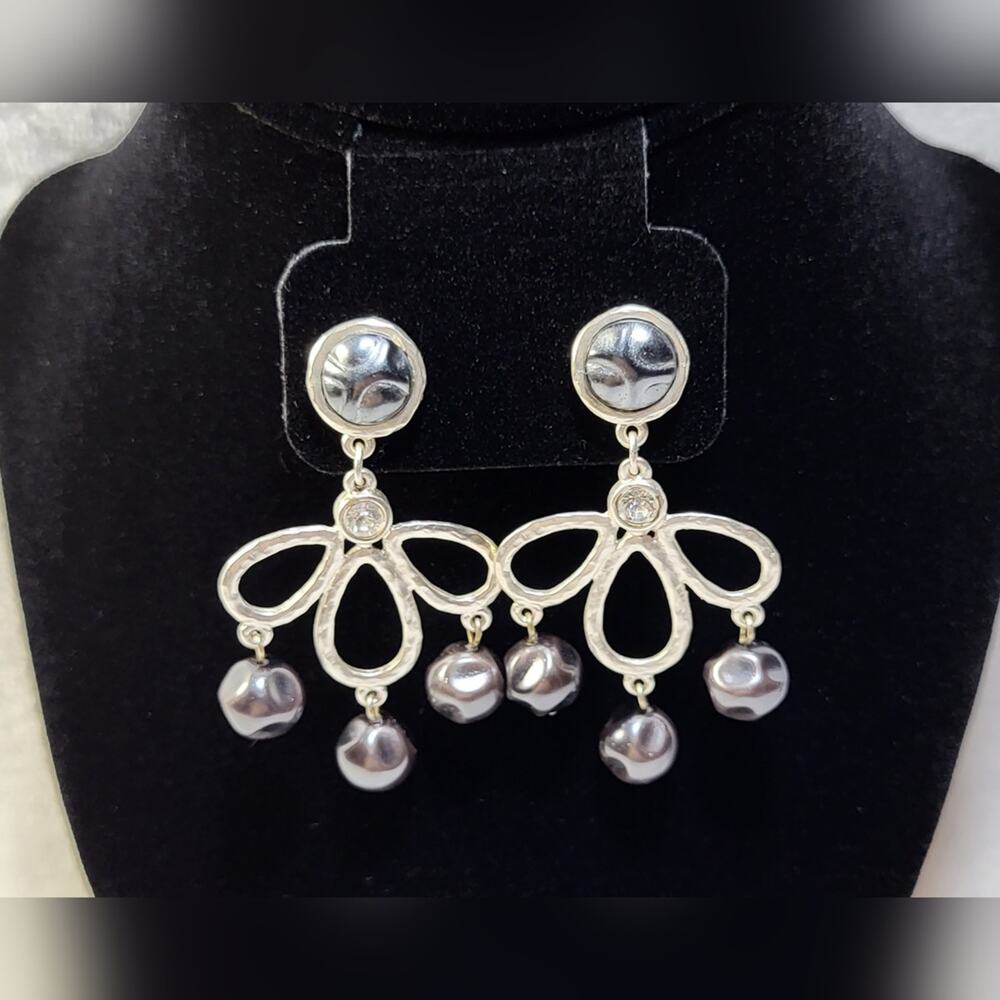 Slate Gray Beaded Silver Statement Dangle Earrings - image 7